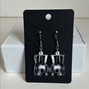 Coffee Maker Dangle Earrings — Black & Silver Detail